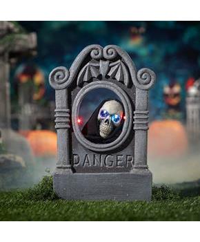 Gray Tombstone with Light-Up Moving Skeleton Head Halloween Decoration, 22"